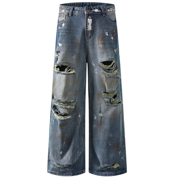 Grunge Wide-Leg Washed Jeans – Perforated & Destroyed Denim for Street Style