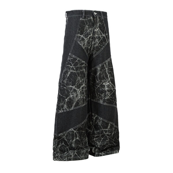 Heavy Patchwork Wide-Leg Jeans – Water-Washed Vintage Statement Pants - Image 3