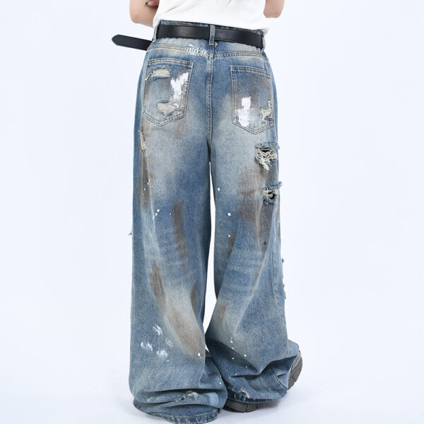 Grunge Wide-Leg Washed Jeans – Perforated & Destroyed Denim for Street Style - Image 5