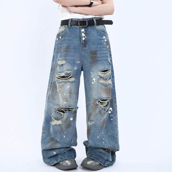 Grunge Wide-Leg Washed Jeans – Perforated & Destroyed Denim for Street Style - Image 2