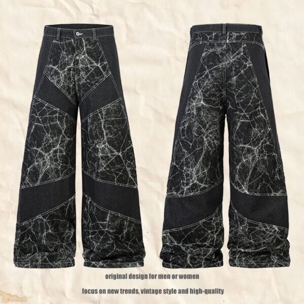 Heavy Patchwork Wide-Leg Jeans – Water-Washed Vintage Statement Pants - Image 2
