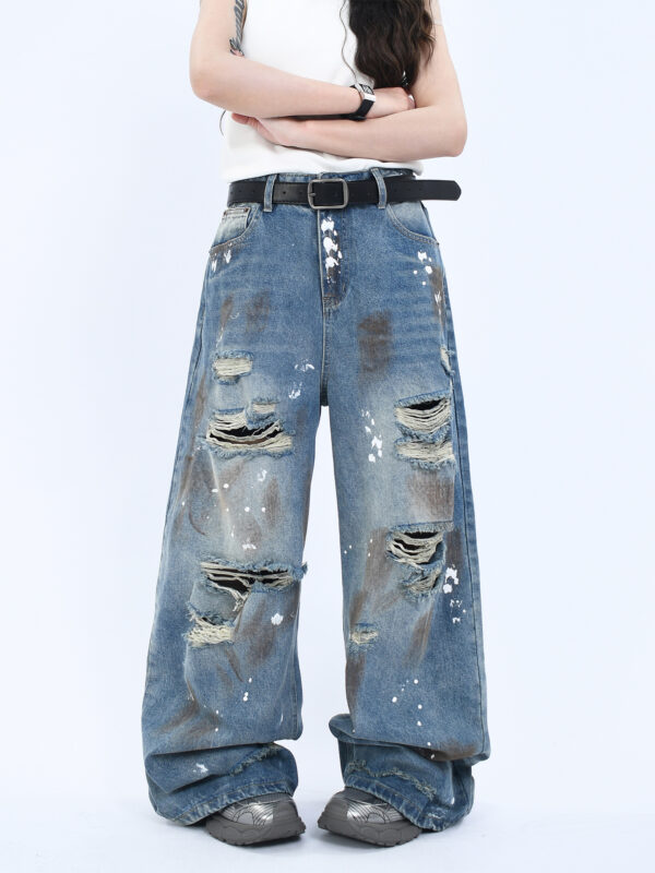 Grunge Wide-Leg Washed Jeans – Perforated & Destroyed Denim for Street Style - Image 6