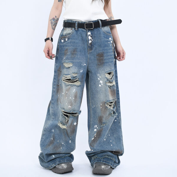 Grunge Wide-Leg Washed Jeans – Perforated & Destroyed Denim for Street Style - Image 3