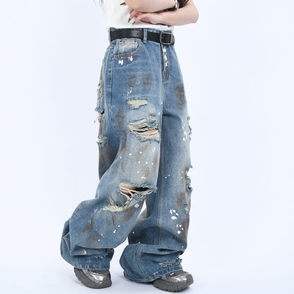 Grunge Wide-Leg Washed Jeans – Perforated & Destroyed Denim for Street Style - Image 4