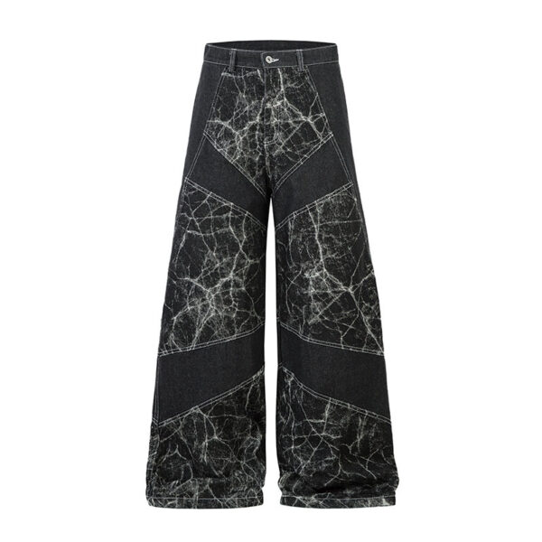 Heavy Patchwork Wide-Leg Jeans – Water-Washed Vintage Statement Pants
