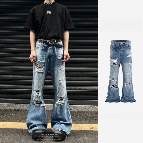 Distressed Micro-Flare Jeans – 2000s Style Ripped Denim with Vintage Wash - Image 2